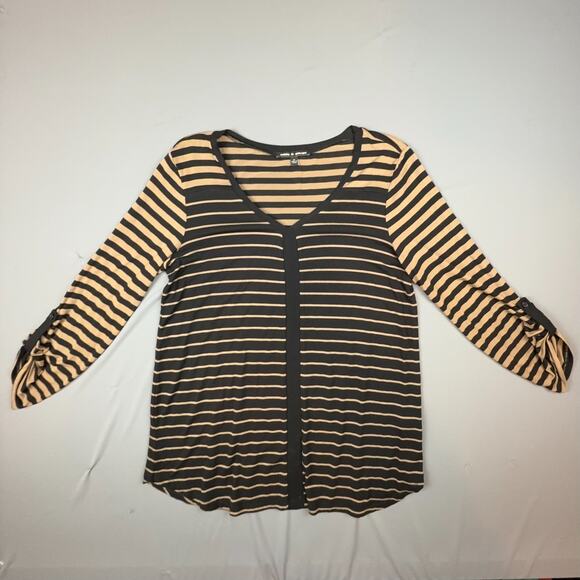 Cable & Gauge Striped V Neck Ruched Sleeve Top M Black Tan - Picture 2 of 6